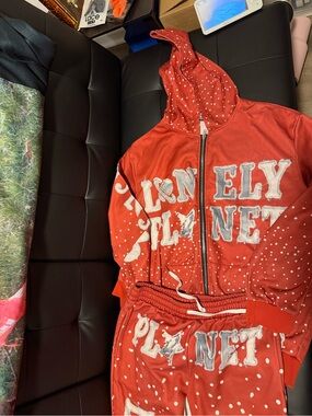 NFINITY Red Polka-Dot Hoodie and Jogger Set with Silver Lettering